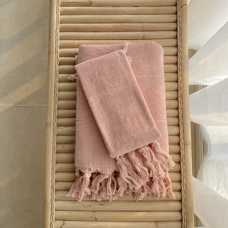 Pure Cotton Knotted Tassel Bath Towel Pure Color Absorbent