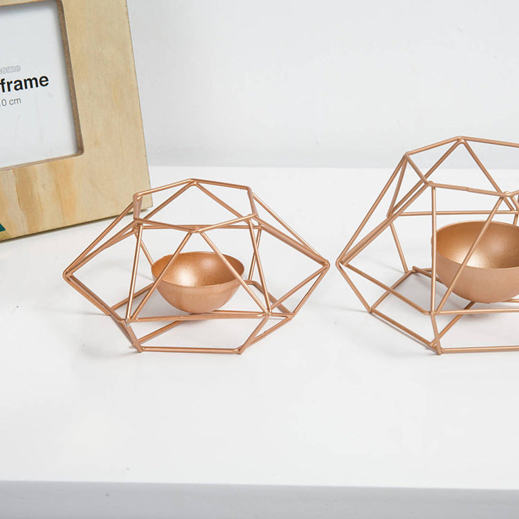 Simple geometric wrought iron golden candle holder