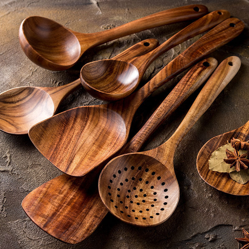 Vaisselle en bois naturel de teck de Thaïlande Cuillère Louche Turner Longue passoire à riz Écumoire à soupe Cuillères de cuisine Scoop Ensemble d'outils de cuisine