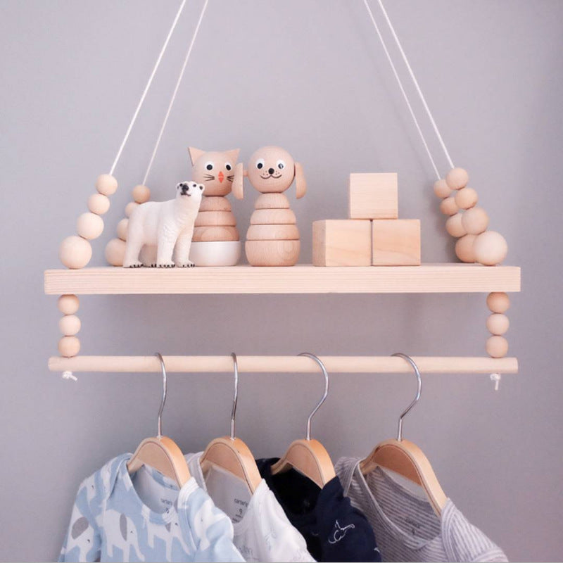 Nordic Wooden Wall Shelf With Clothes Rack