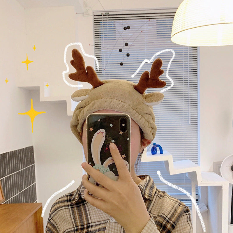 Cute Antlers Dry Hair Cap Women Super Absorbent Towel Quick-drying Shower Cap