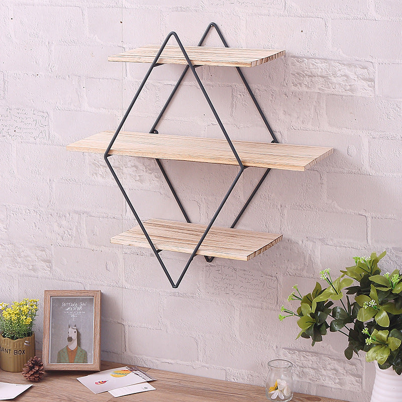 Diamond Iron Wooden Wall Bookshelf Shelf Retro Rack Creative Wall Partition