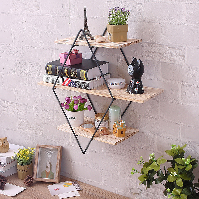 Diamond Iron Wooden Wall Bookshelf Shelf Retro Rack Creative Wall Partition