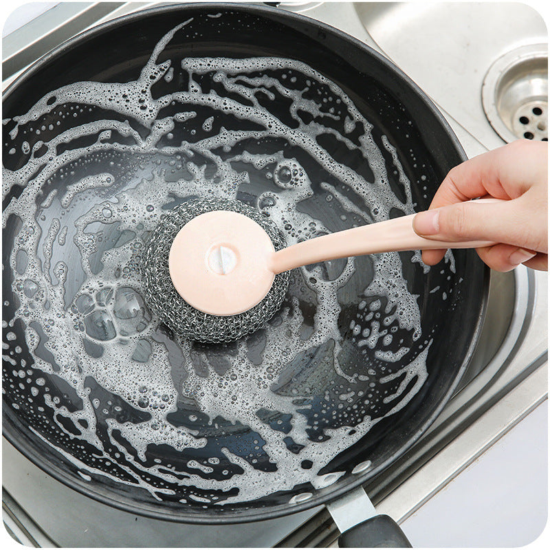 Household decontamination long handle wire washing pot brush E444 kitchen stainless steel cleaning sink stove cleaning brush