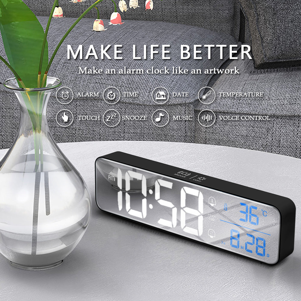 Music LED Digital Alarm Clock Temperature Date Display Desktop Mirror Clocks Home Table Decoration Electronic Clock