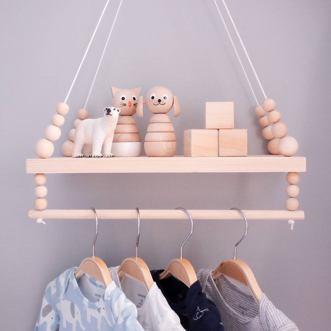 Ins Nordic Style High-End Custom Wooden Bead Double Gray Log Shelf Children'S Room Model Room Soft Wall Decoration