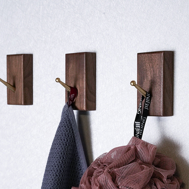 Punch-Free Solid Wood Bathroom Square Glue Hook Walnut Bathroom Wall Coat Hook Bedroom Clothes Hat Wall Hook