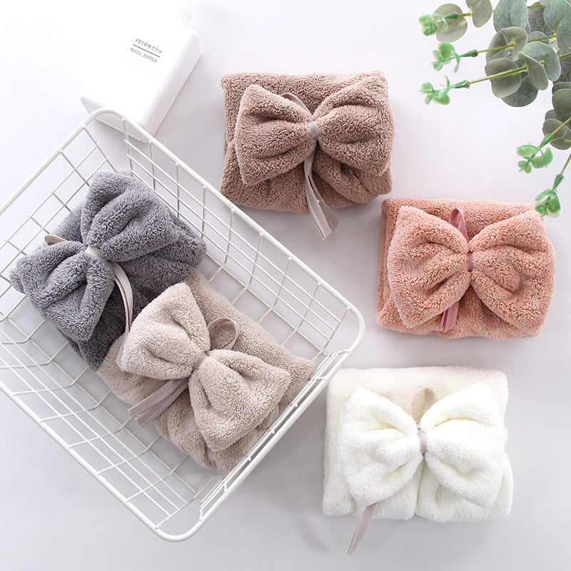 High Density Coral Velvet Bow Cute Hanging Hand Towel Absorbent