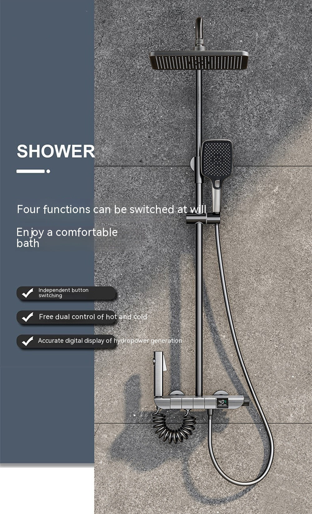 Copper Button Constant Temperature Shower Set Digital Display Large Shower Set Gray Suit