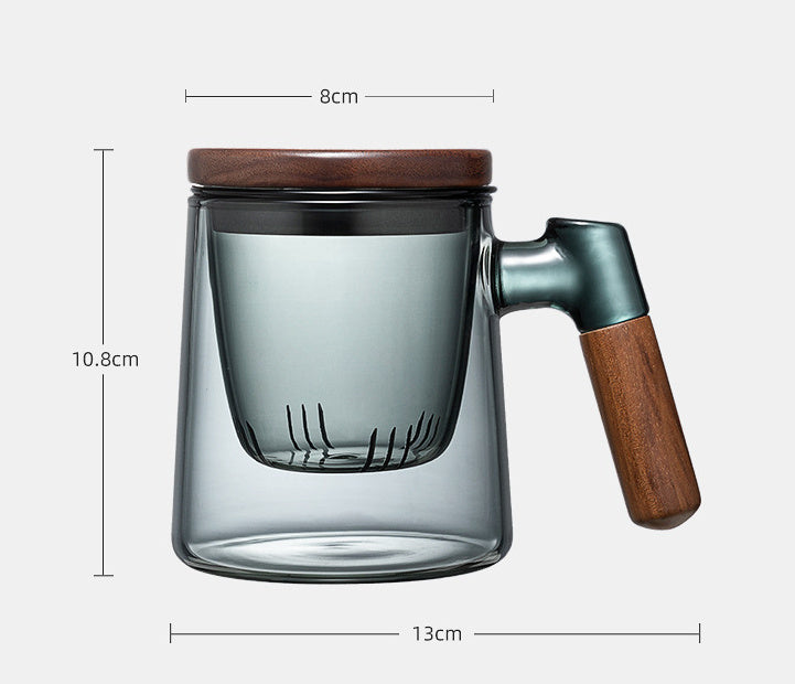 Théière en verre borosilicaté avec poignée en bois latérale, trois tasses