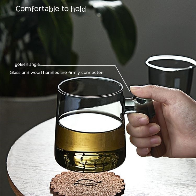 Théière en verre borosilicaté avec poignée en bois latérale, trois tasses