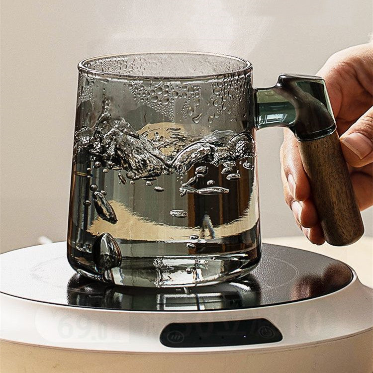 Théière en verre borosilicaté avec poignée en bois latérale, trois tasses