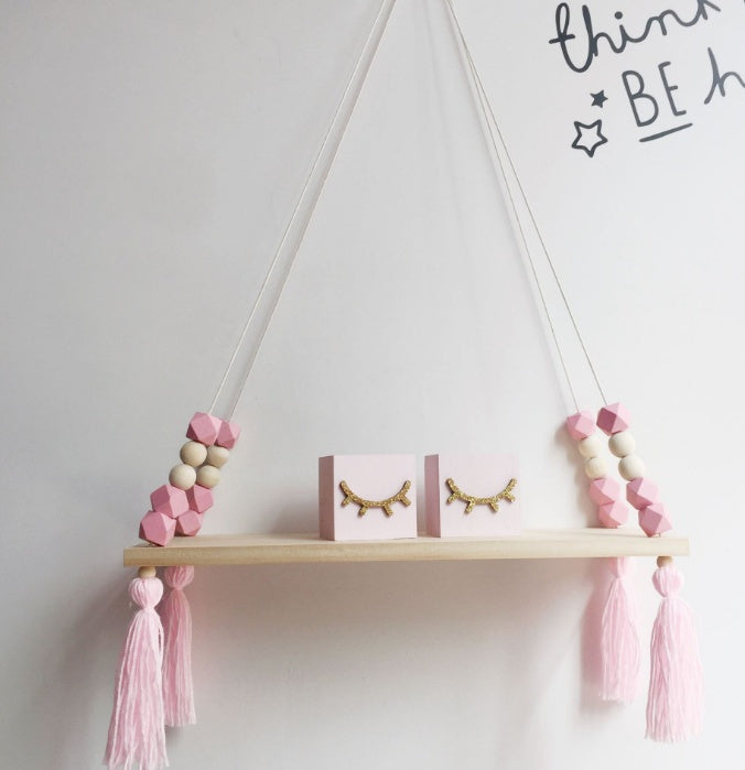 Nordic style colorful beads tassel wooden Wall Shelf