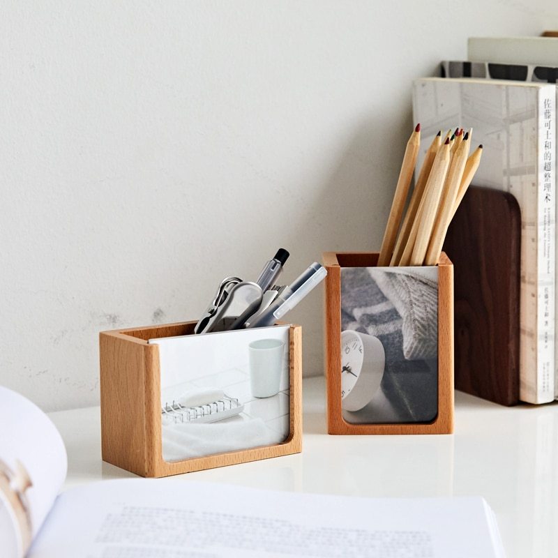 Solid wood photo frame pen holder office desktop stationery storage box