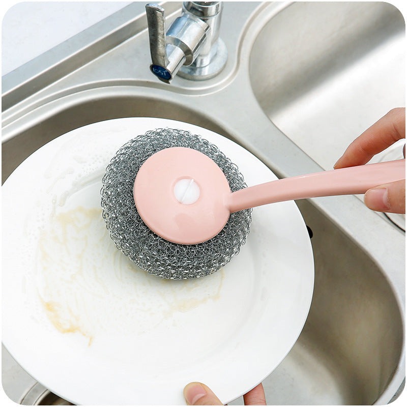 Household decontamination long handle wire washing pot brush E444 kitchen stainless steel cleaning sink stove cleaning brush