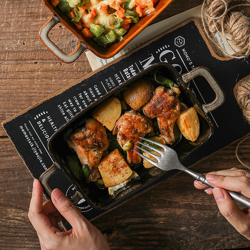 Ceramic Binaural Baking Tray Retro Kiln Into Restaurant Household Dish