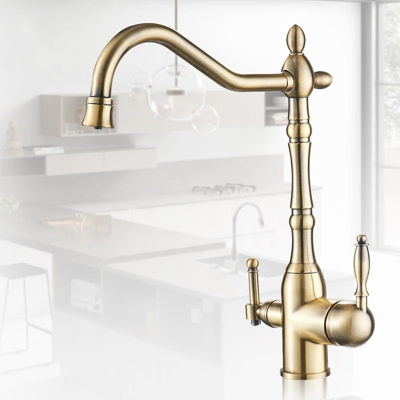 European-style Copper Antique Faucet Rotatable Double Handle Multi-function Faucet Hot And Cold Mixing Kitchen Faucet