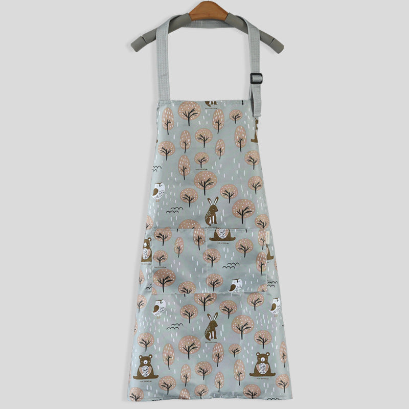 Apron Waterproof And Oil-proof Women Overalls Kitchen Cooking Cute Hanging Neck Printing Pocket