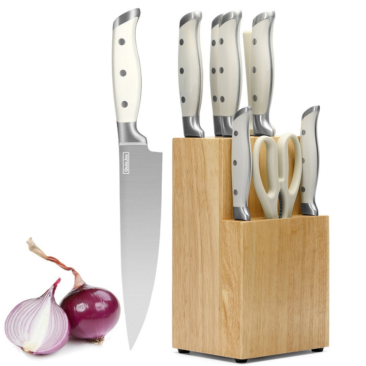 Qulajoy White Knife Set With Block - 9 Piece Razor Sharp Forged High Carbon Stainless Steel Kitchen Knives - Triple Rivet Cooking Knife Set With Kitchen Shear And Sharpener Stick