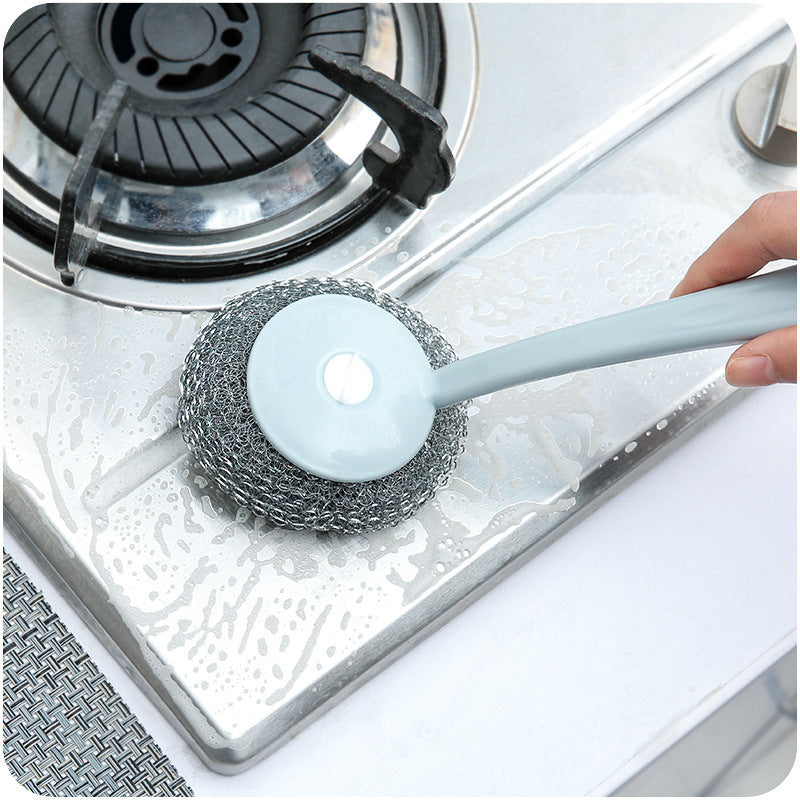 Household decontamination long handle wire washing pot brush E444 kitchen stainless steel cleaning sink stove cleaning brush