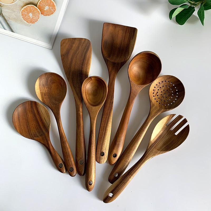 Vaisselle en bois naturel de teck de Thaïlande Cuillère Louche Turner Longue passoire à riz Écumoire à soupe Cuillères de cuisine Scoop Ensemble d'outils de cuisine