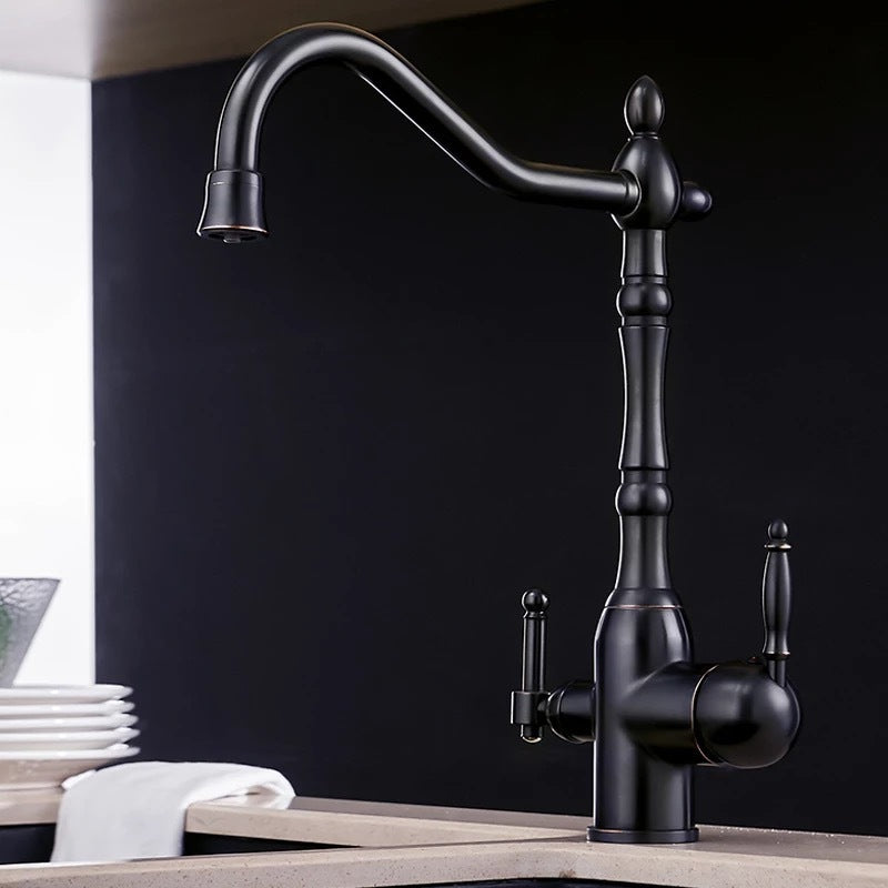 European-style Copper Antique Faucet Rotatable Double Handle Multi-function Faucet Hot And Cold Mixing Kitchen Faucet