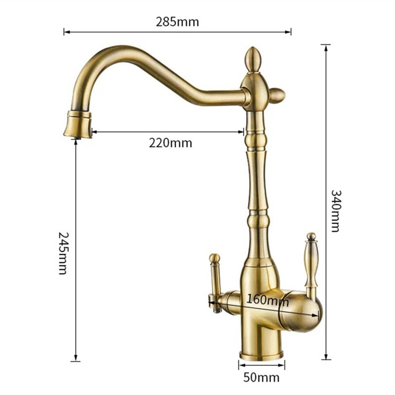 European-style Copper Antique Faucet Rotatable Double Handle Multi-function Faucet Hot And Cold Mixing Kitchen Faucet