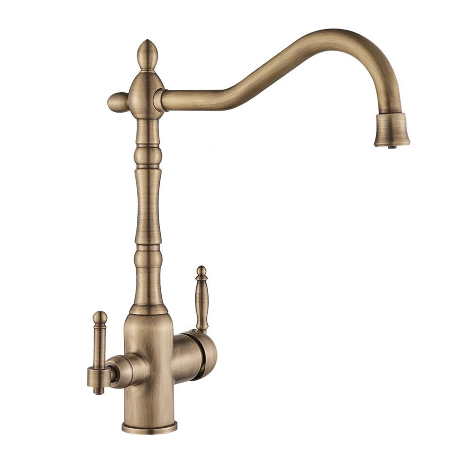 European-style Copper Antique Faucet Rotatable Double Handle Multi-function Faucet Hot And Cold Mixing Kitchen Faucet