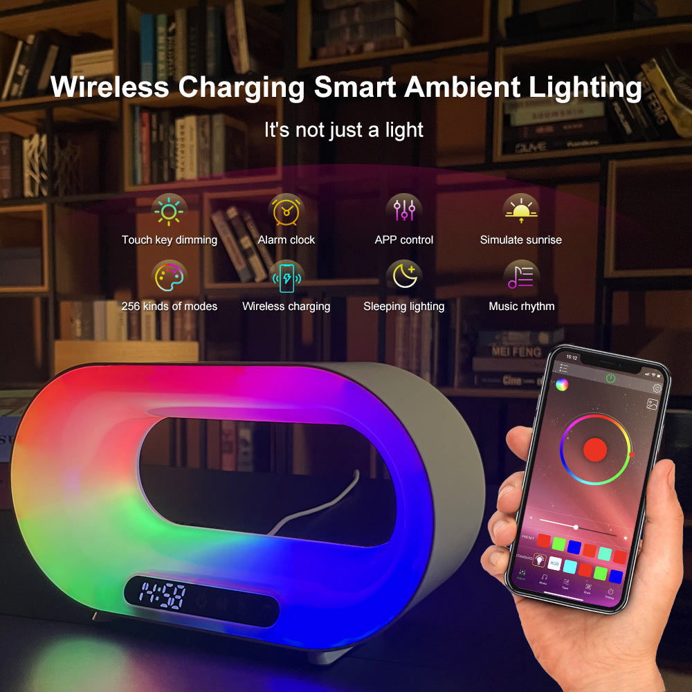 Multifunktions-3-in-1-LED-Nachtlicht APP-Steuerung RGB-Atmosphäre Schreibtischlampe Intelligenter multifunktionaler kabelloser Ladegerät-Wecker