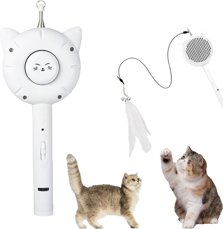 Jouet pour chat 5 en 1 interactif avec brosse et baguette rétractable pour taquiner les chats, brosse autonettoyante pour animaux de compagnie, jouet lumineux pour chat avec cinq motifs lumineux 