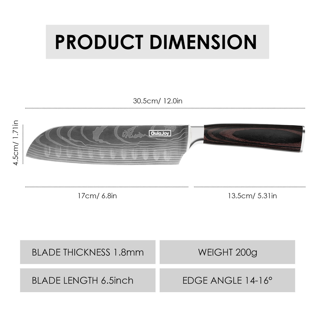 Couteau Santoku Qulajoy, couteau de chef en acier inoxydable à haute teneur en carbone, couteaux de cuisine japonais avec manche ergonomique en bois de pakka, couteau à découper pour la cuisine à domicile