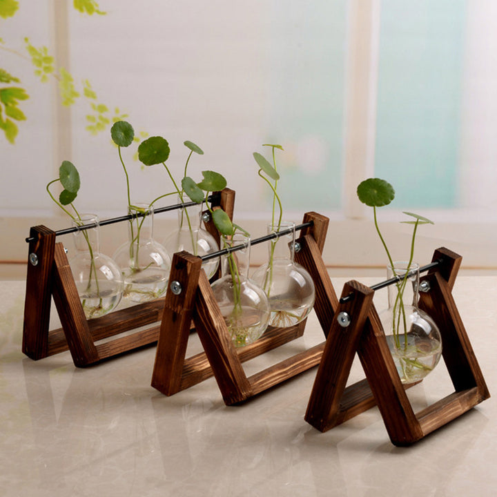 Support en bois pivotant pour plantes hydroponiques, vase en verre