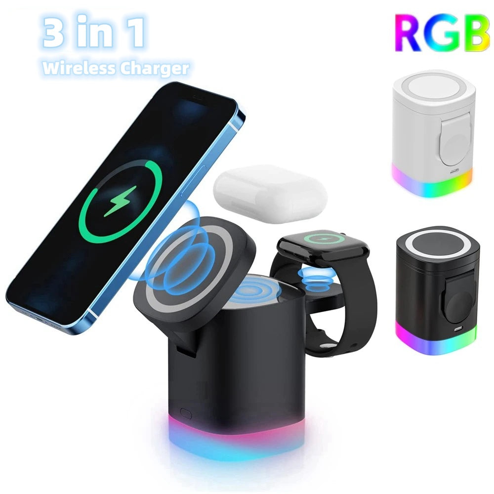 3 In 1 Magnetic Wireless Fast Charger For Smart Phone RGB Ambient Light Charging Station For Airpods IWatch