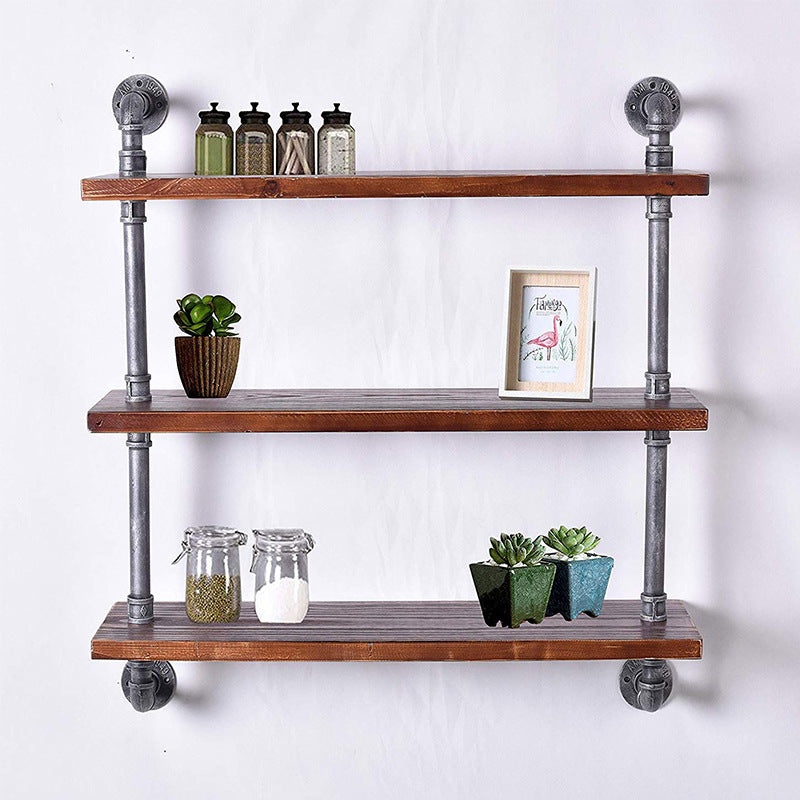 Industrial Style Iron Water Pipe Wall Shelf Flat Partition Solid Wood Bookshelf Display Stand