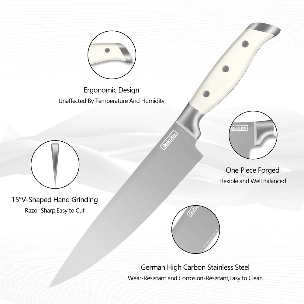 Qulajoy White Knife Set With Block - 9 Piece Razor Sharp Forged High Carbon Stainless Steel Kitchen Knives - Triple Rivet Cooking Knife Set With Kitchen Shear And Sharpener Stick