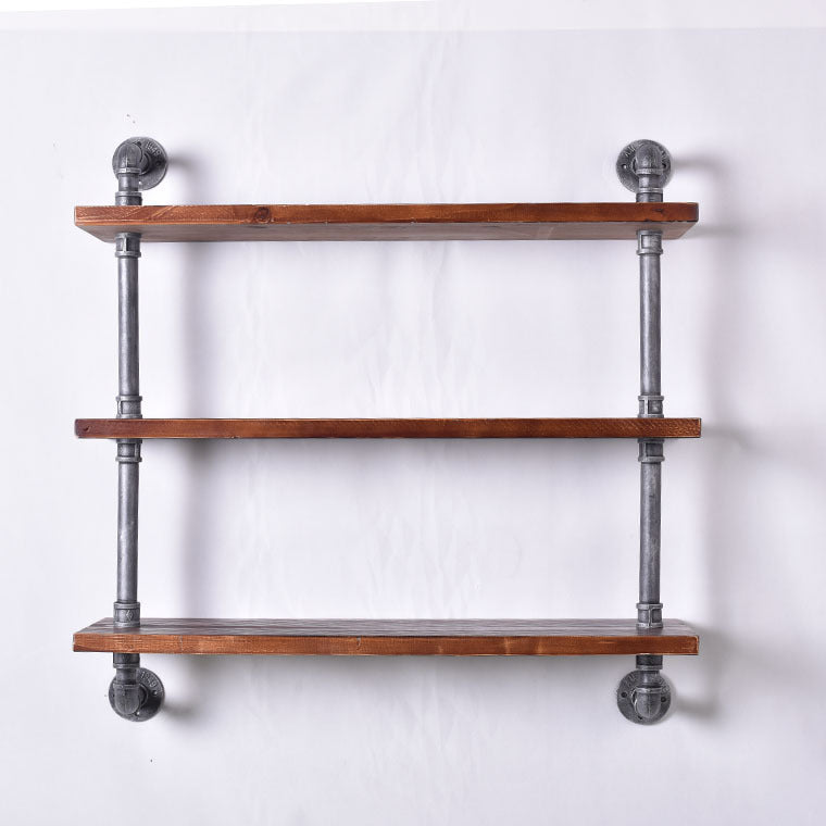 Industrial Style Iron Water Pipe Wall Shelf Flat Partition Solid Wood Bookshelf Display Stand