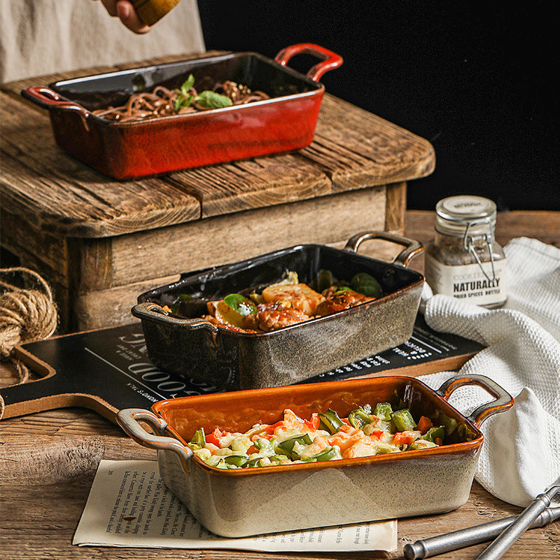 Ceramic Binaural Baking Tray Retro Kiln Into Restaurant Household Dish