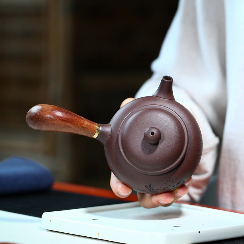 Purple Clay Tea Pot Hand Painted Raw Ore Side Handled Household