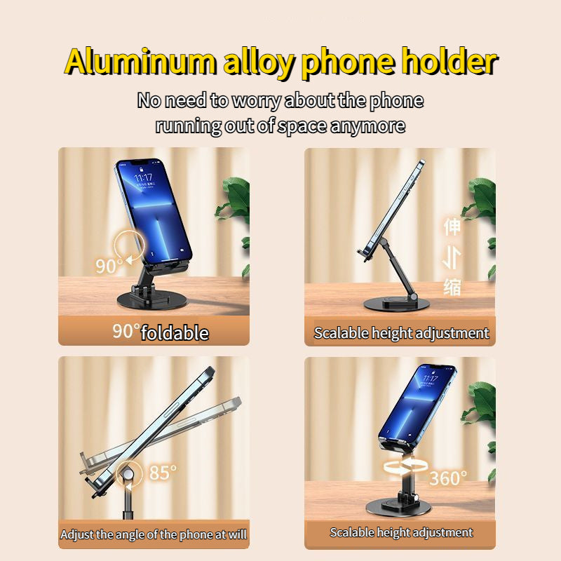 Foldable Phone Stand For Desk - Height Adjustable Cell Phone Holder Portable Cellphone Cradle Desktop Dock Metal Base 360 Degree Rotatable Compatible With Phone Tablet PC