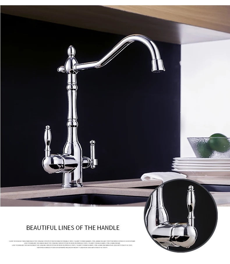 European-style Copper Antique Faucet Rotatable Double Handle Multi-function Faucet Hot And Cold Mixing Kitchen Faucet