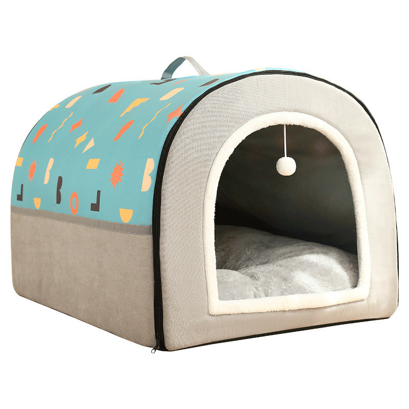 Warm Semi-enclosed Removable And Washable Two-color Geometric Pattern House Kennel