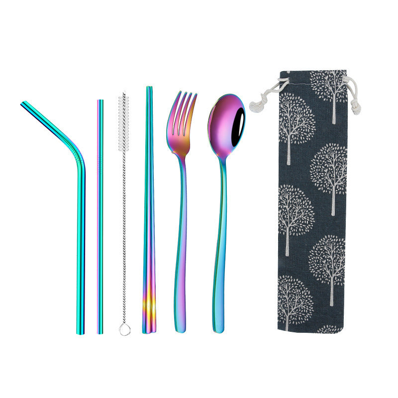 304 Stainless Steel Tableware, Titanium-plated Color Spoon, Fork, Chopsticks And Straws