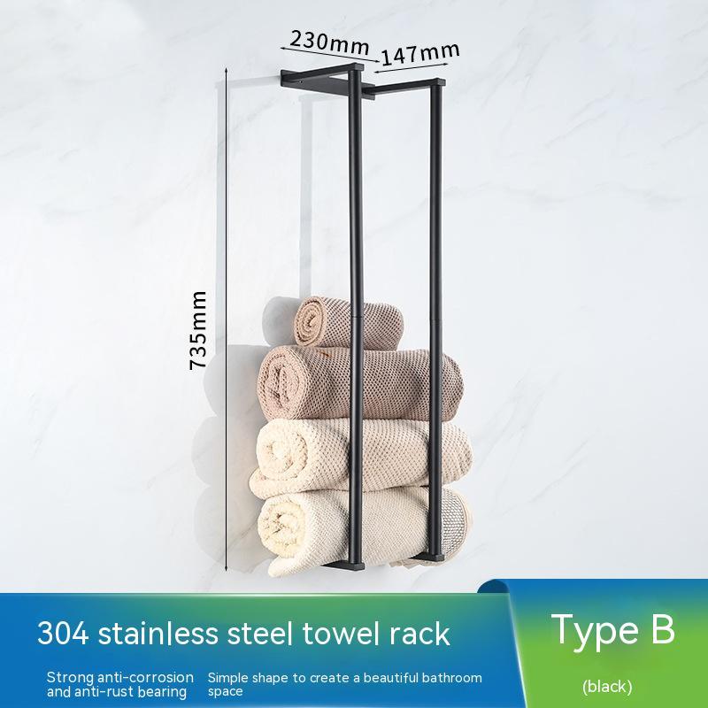 Wall Mounted Black Towel Holder With Non Perforated Bipolar Storage Rack