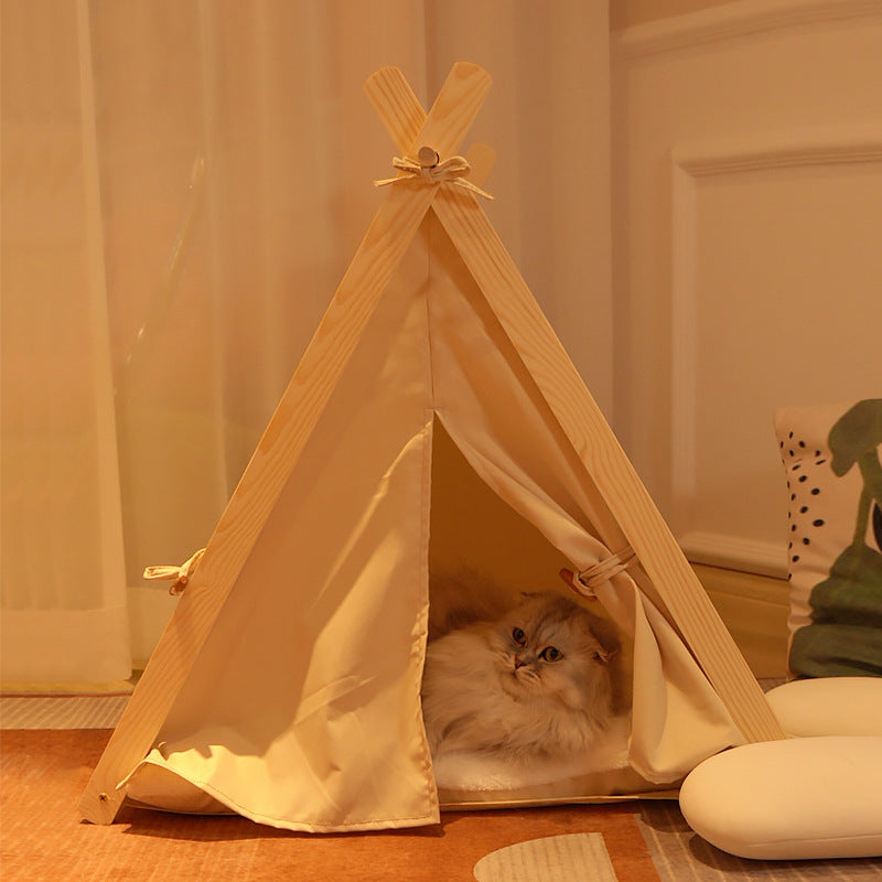 Tente pour animaux de compagnie Litière pour chat Amovible et lavable Toile rayée Bois massif