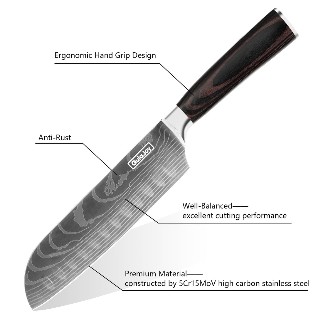 Couteau Santoku Qulajoy, couteau de chef en acier inoxydable à haute teneur en carbone, couteaux de cuisine japonais avec manche ergonomique en bois de pakka, couteau à découper pour la cuisine à domicile