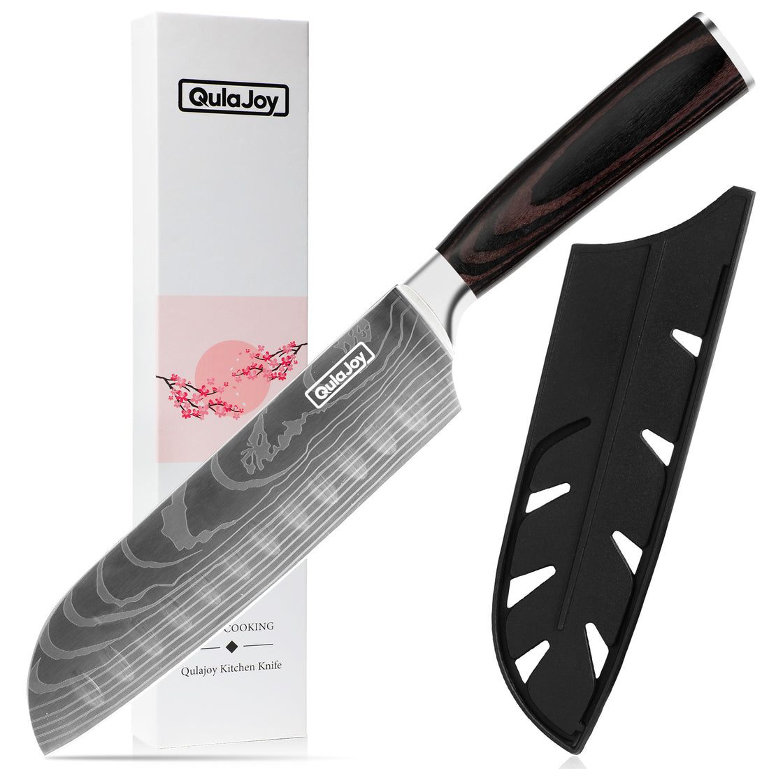 Couteau Santoku Qulajoy, couteau de chef en acier inoxydable à haute teneur en carbone, couteaux de cuisine japonais avec manche ergonomique en bois de pakka, couteau à découper pour la cuisine à domicile