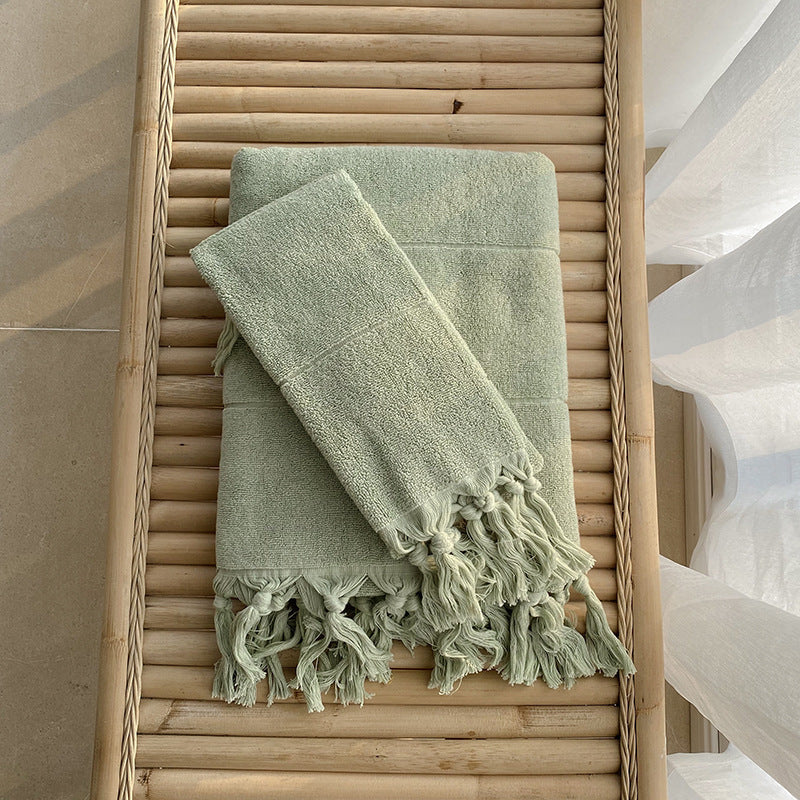 Pure Cotton Knotted Tassel Bath Towel Pure Color Absorbent