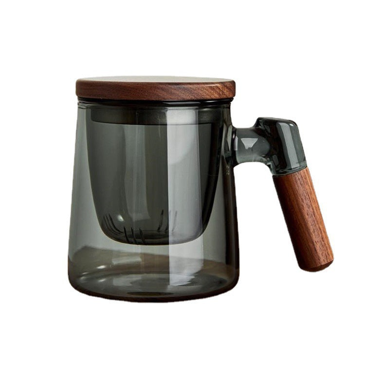 Théière en verre borosilicaté avec poignée en bois latérale, trois tasses