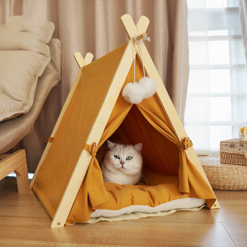 Tente pour animaux de compagnie Litière pour chat Amovible et lavable Toile rayée Bois massif